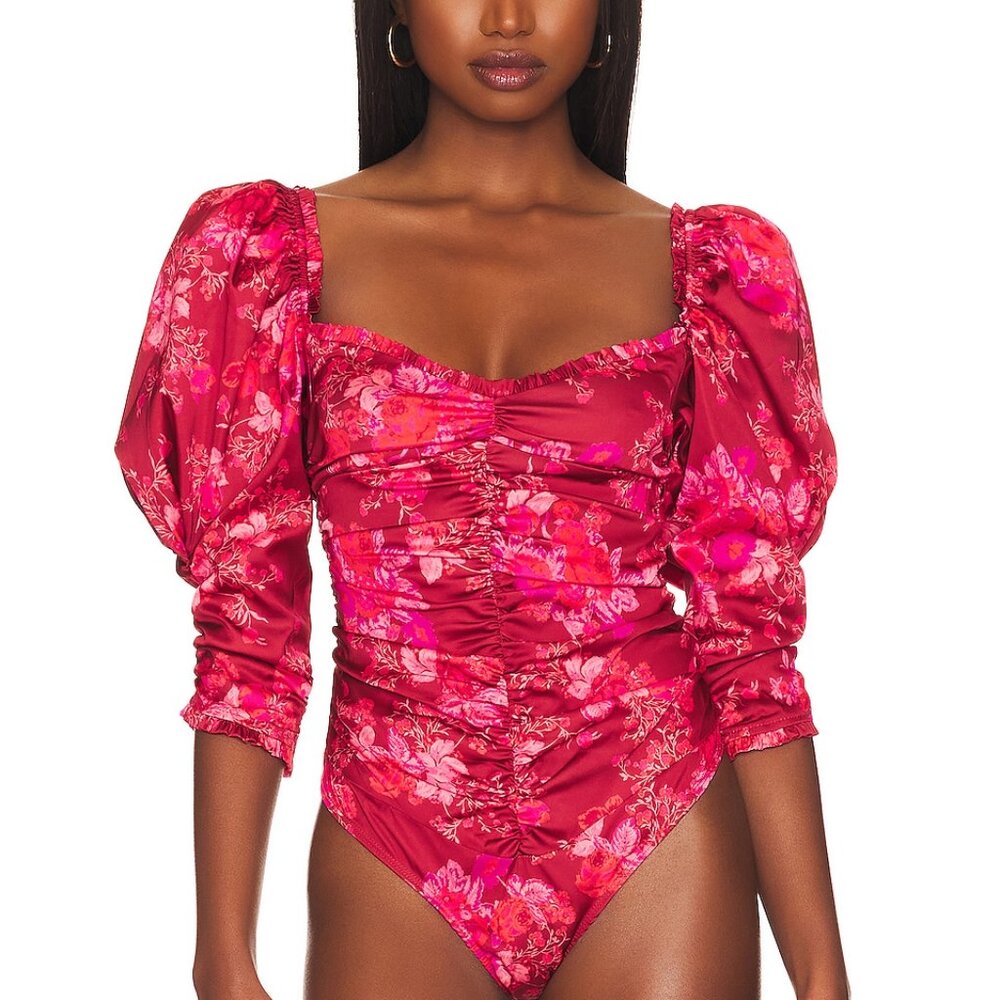 NWT For Love & Lemons Monet Bodysuit Red Floral Puff Sleeves Women's Size XS - Picture 4 of 14